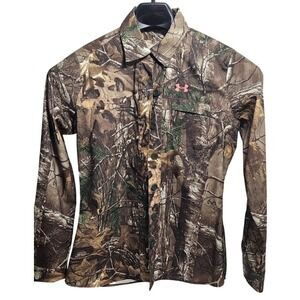 Under Armour Womens M Realtree Xtra Camo Button Down Shirt Pink Logo Ripstop